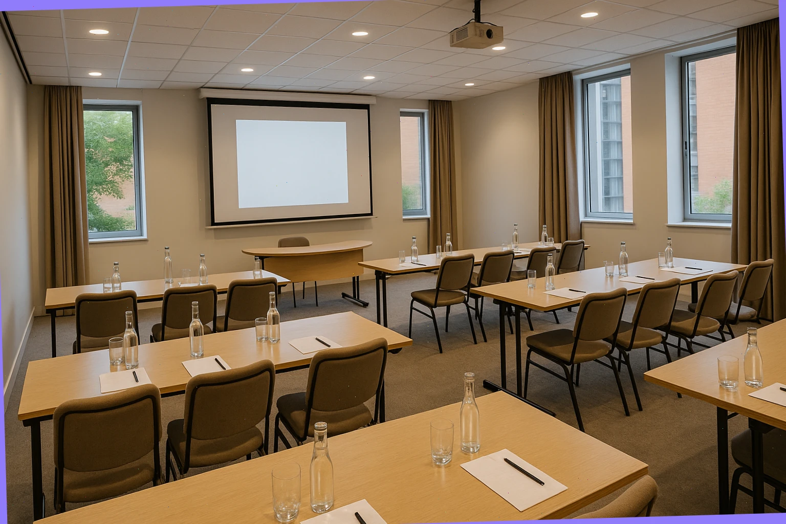 Leeds conference room with projector, notepads and water on tables