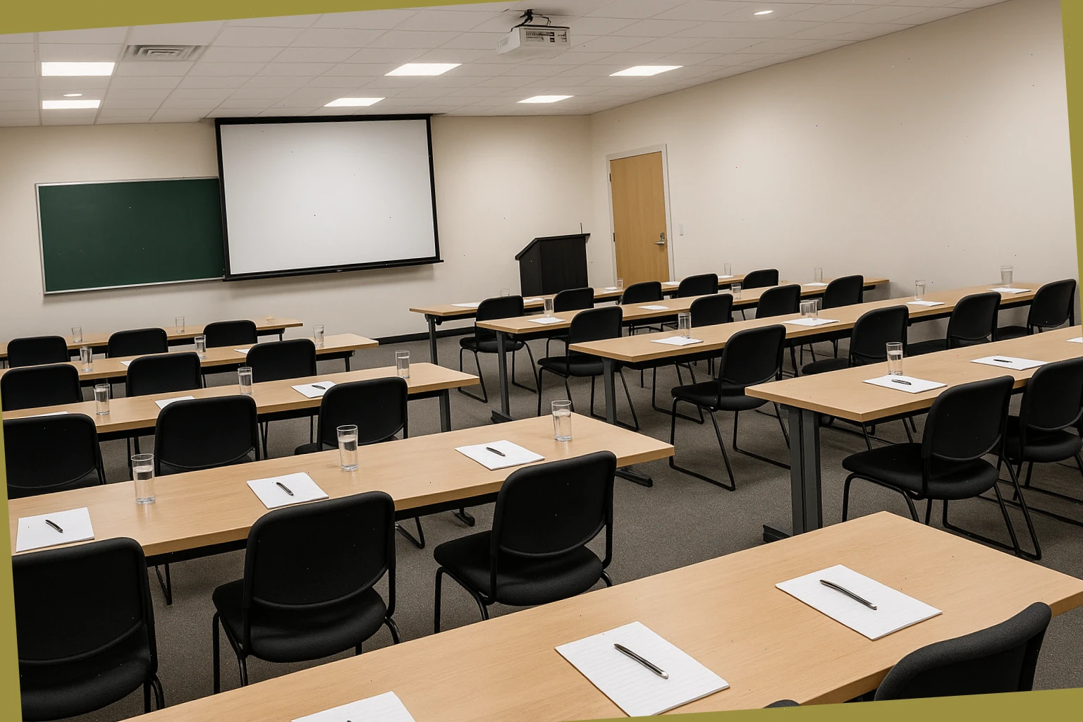 Classroom rows with projector and lectern