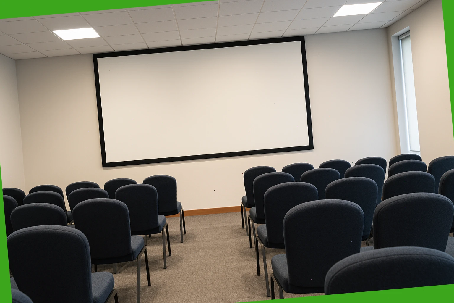 Theatre seating facing a large screen